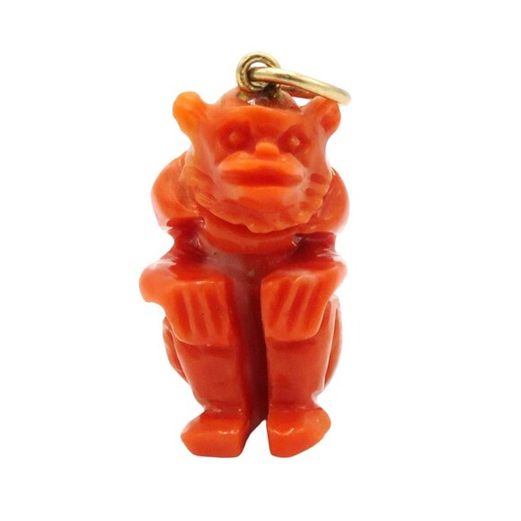 Vintage 14K Gold Carved Coral Grotesque Demon Amulet Charm Pendant 1930s - Picture 4 of 10